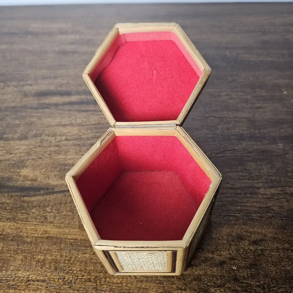 Small Vintage Woven Bamboo Hexagon Box Pyrography Red Velvet